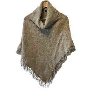 Tan Wool Blend Turtle Neck Fringe Bottom Mid Weight Poncho Shall One Size